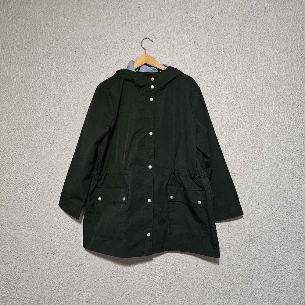 J Crew Coat Women's Size 2X Lightweight Black Hooded Adjustable Waist Button Up